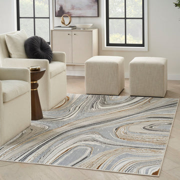 Glitz GLZ21 Modern Abstract Marbled Curve Distressed Metallic Shimmer Hi-Low Textured Soft-Touch Polyester Low Profile Short-Pile Grey/Gold Rug-Nourison-Rug Love - The Most Loved Rug Store